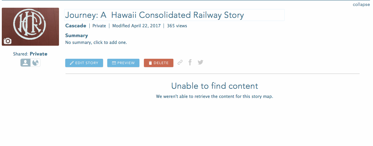 Cascade Story Map, Unable to Find Content Error Message